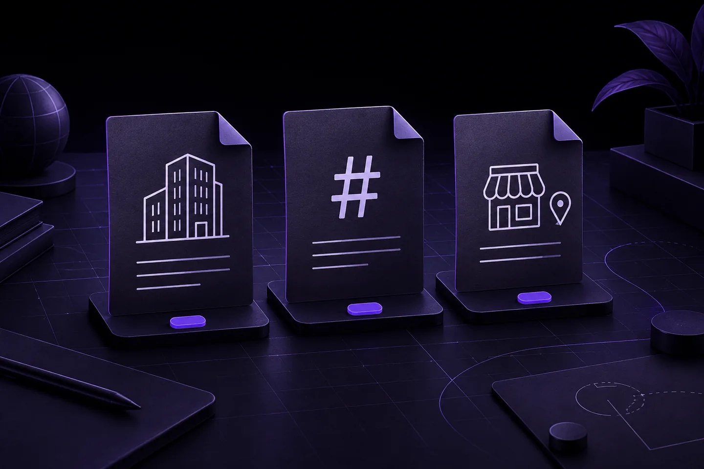 Three violet document sculptures on a dark planning desk, bearing a building, a tax-number symbol, and a storefront with a location pin to distinguish entity registration, tax identification, and operating permission.