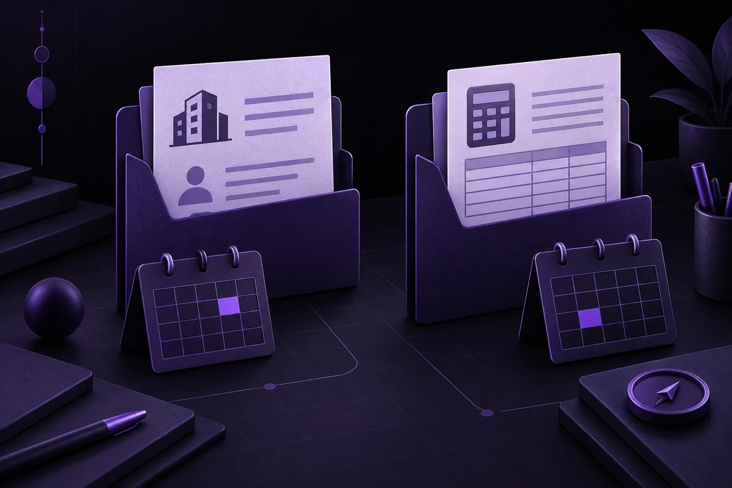 Violet illustration of separate entity-record and tax-ledger folders, each paired with a calendar highlighting a different filing date.