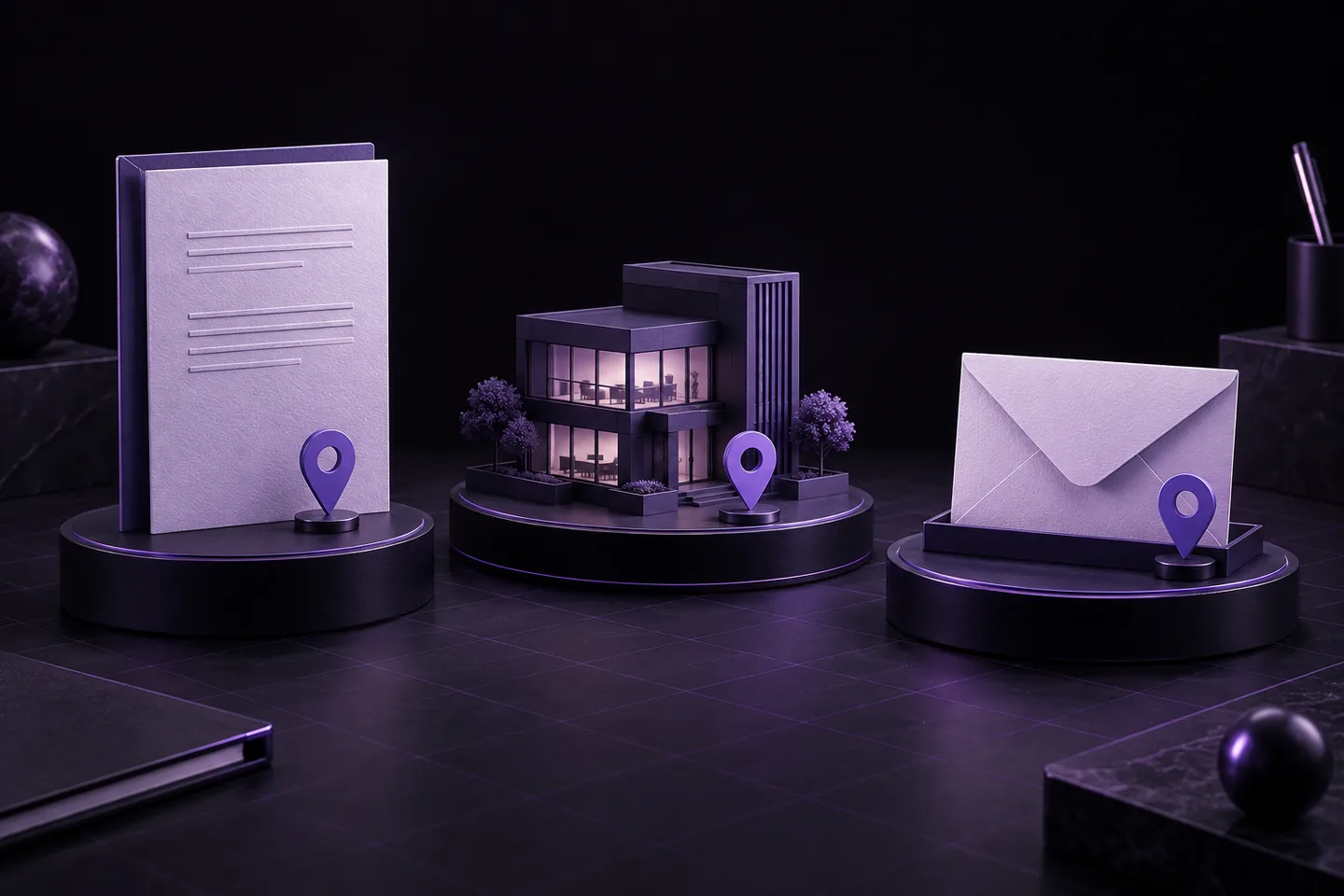 Violet editorial illustration of legal documents, a miniature business office, and a mailing envelope on separate plinths with location pins, representing three LLC address roles.